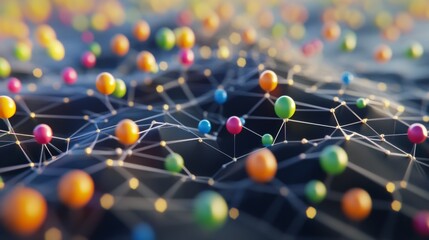 Fototapete - A close-up of a D scatter plot with data points floating above a grid, using different colors and sizes to represent various data metrics.