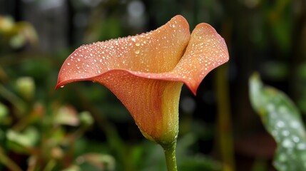Aufkleber - A close-up of a delicate flower petal with water droplets glistening on its surface, surrounded by soft, blurred greenery.