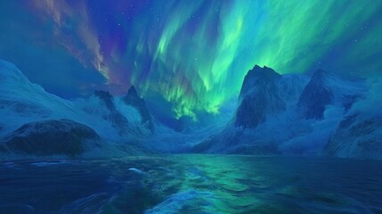 Wall Mural - Aurora Borealis Illuminates Snowy Mountains and Calm Waters