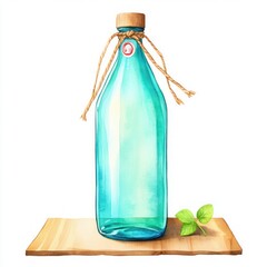 Aufkleber - Bottle with green liquid on wooden board surrounded by green leaf for natural and organic themes