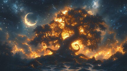 Wall Mural - Glowing Tree, Night Sky, Fantasy, Artwork, Celestial, Background, Design, Illustration
