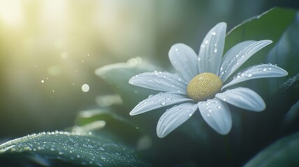 Poster - A close-up of a white daisy with dew drops resting on its petals, with soft light filtering through the background leaves.