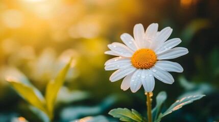 Poster - A close-up of a white daisy with dew drops resting on its petals, with soft light filtering through the background leaves.