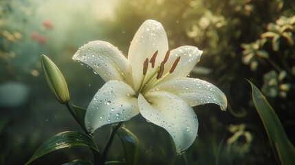 Poster - A close-up of a white lily with water droplets glistening on its soft petals, surrounded by greenery and soft, blurred light.