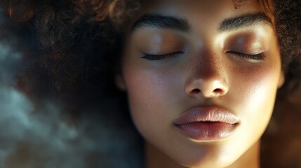 Wall Mural - A close-up of a young woman with her eyes closed and a serene expression, showcasing her natural beauty and the soft texture of her skin in a calming setting.