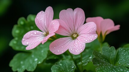 Aufkleber - A delicate pink flower with water droplets on its petals, resting gently on green leaves, captured in early morning light.