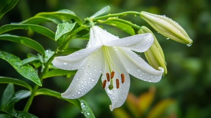 Poster - A delicate white flower with dew drops on its petals, set against a blurred natural background of leaves and greenery.