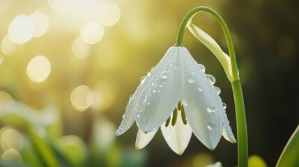 Aufkleber - A delicate white flower with dew drops on its petals, set against a blurred natural background of leaves and greenery.