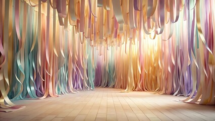 Wall Mural - Pastel Paper Streamers Draped from Ceiling to Floor in an Empty Room Creating a Dreamlike Atmosphere