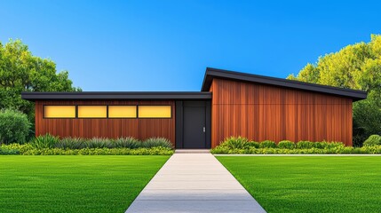 Poster - Modern Architectural House with Wooden Exterior and Green Lawn