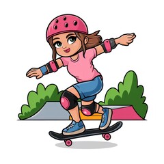 a cute cartoon girl skateboarding with a pink helmet and knee pads. She is wearing a pink shirt, blue shorts, and blue shoes.  She is smiling and looks like she is having fun.