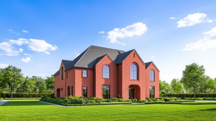 Poster - Modern Red Brick House Surrounded by Lush Green Lawn and Trees