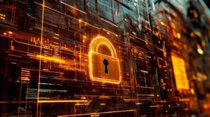 Poster - A digital lock symbol overlaid on a computer screen displaying sensitive data, illustrating the concept of protecting digital information.