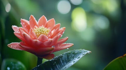 Poster - A fresh bloom with tiny droplets of water on its petals, set against a blurred natural background of lush foliage.