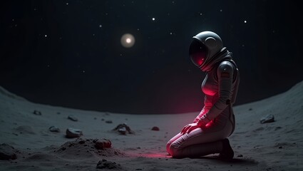 woman weakened and kneeling on the very dark, rocky, dusty planet worn spacesuit crack on the glass 