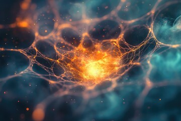 glowing orange network structure with teal smoke, abstract digital art depicting energy flow and con