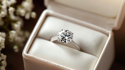 Poster - A large, flawless diamond resting in a cushioned white box, perfect for luxury and proposal themes.