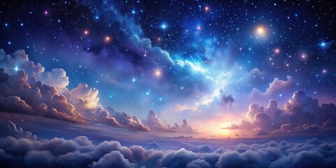 Wall Mural - Celestial Dreamscape A Serene Panorama of Starry Skies and Soft Clouds at Sunset