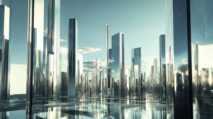 Wall Mural - abstract array of shiny metal geometric objects of different height modern futuristic 3d rendering i