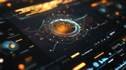 Poster - A panoramic view of a D data visualization dashboard, with various D graphs and charts displayed on a high-tech interface, showcasing a comprehensive analysis.