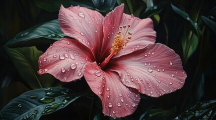 Aufkleber - A pink flower with large, glistening water droplets on its petals, contrasting against the lush green leaves of a garden.
