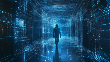 Data technology abstract futuristic cyan low poly shape glowing wire mesh surface on dark background. 3D rendering 3d illustration render