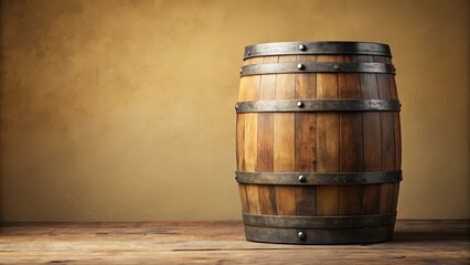 Wall Mural - Rustic Wooden Barrel on Weathered Table Against a Warm Background, Evoking a Sense of Age and History