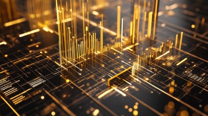 Poster - A top-down view of a D gold radar chart with multiple golden axes, illustrating financial metrics and performance indicators in an elegant, three-dimensional format.