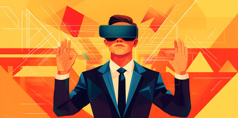 Wall Mural - Vector illustration of a man wearing virtual reality glasses. The concept of modern technology. In modern art.