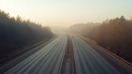 Fototapete - A traffic-free motorway on a misty morning, with faint visibility creating a serene and calm atmosphere.