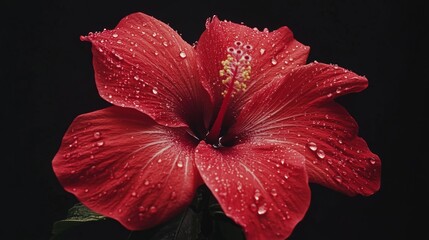 Poster - A vibrant red hibiscus with water droplets delicately placed on its petals, creating a striking contrast with its natural surroundings.