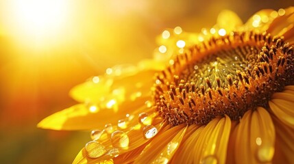 Poster - A vibrant sunflower with water droplets perched on its yellow petals, captured with sunlight reflecting off the droplets.
