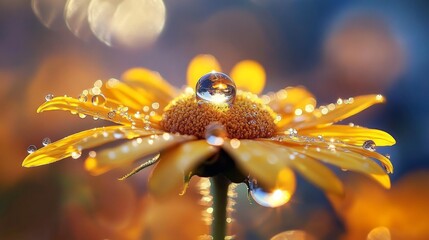 Poster - A vibrant sunflower with water droplets perched on its yellow petals, captured with sunlight reflecting off the droplets.
