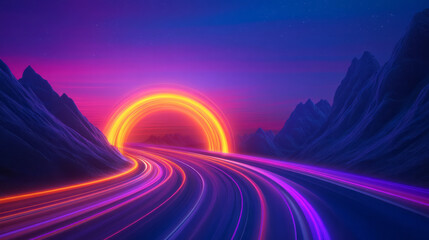 Aufkleber - A luminous orb at the center of a curved road, radiating orange, red, and purple streaks of light,
