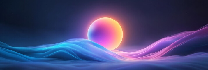 Poster - An otherworldly scene featuring a glowing sphere cradled by organic folds of blue, purple, and