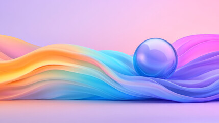 Poster - A soft-focus close-up of a radiant orb resting in fluid folds of pastel blue, purple, and pink