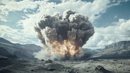 Aufkleber - A wide-angle view of a military explosion with a large shockwave and smoke cloud, set against a rugged landscape, illustrating the scale and power of the blast.
