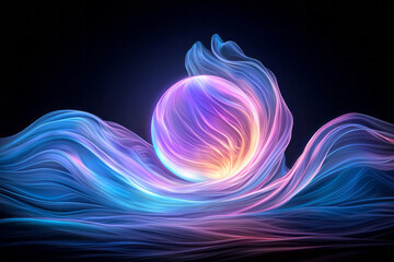 Leinwandbilder - A high-resolution close-up of an orb radiating soft light as it sits within curved folds in blue,