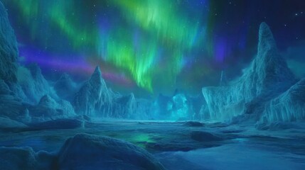 Wall Mural - Frozen landscape under a vibrant aurora borealis display