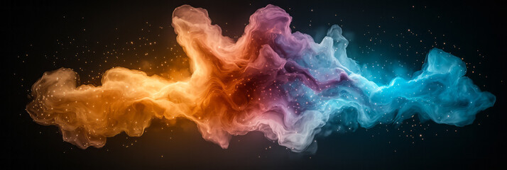 Leinwandbilder - A fluid interplay of warm orange and rich blue hues resembling nebula-like swirls, dotted with tiny