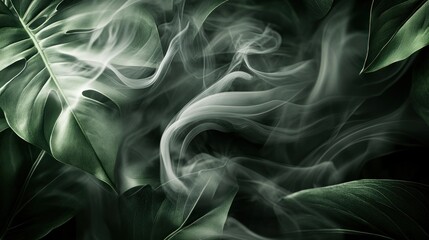 Poster - Ethereal Smoke Swirls Amongst Lush Green Leaves