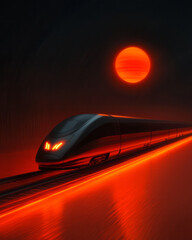 Aufkleber - A bold composition featuring a high-speed train in motion, trailing glowing orange light streaks, a