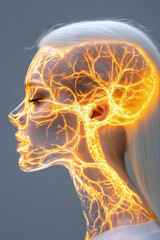 Poster - An ethereal portrait where a womanâ€™s profile reveals a transparent skull glowing in soft orange