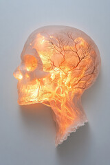 Aufkleber - An ethereal portrait where a womanâ€™s profile reveals a transparent skull glowing in soft orange