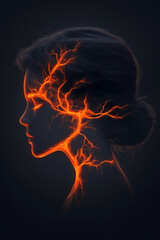Leinwandbilder - A refined illustration of a womanâ€™s profile with a translucent skull, lit from within by warm