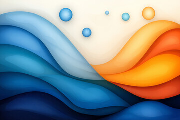 Poster - A flowing abstract landscape in deep blue and warm orange waves, dotted with floating bubbles that