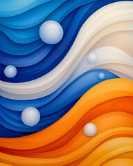 Aufkleber - A dynamic arrangement of waves in deep blue and orange tones, interspersed with floating bubbles