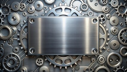 Brushed Metal Plate Set Against a Complex Array of Interlocking Gears and Cogs, an Industrial Design Element