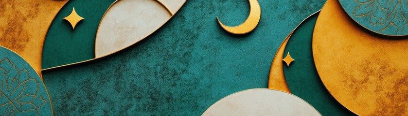 Wall Mural - Abstract Teal Gold Cream Layered Design With Moon And Stars