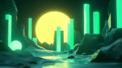 Wall Mural - futuristic 3d render illustration technology background. abstract structure with green glowing artif